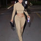 Sexy Women 2 Piece Set Casual Tracksuit Full Fall Crop Tops+Shirring Irregular Pants Stretch Streetwear Skinny Suits