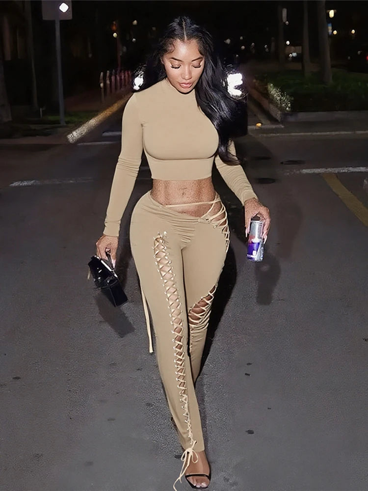 Sexy Women 2 Piece Set Casual Tracksuit Full Fall Crop Tops+Shirring Irregular Pants Stretch Streetwear Skinny Suits