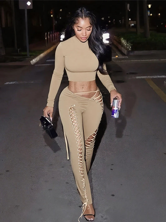 Sexy Women 2 Piece Set Casual Tracksuit Full Fall Crop Tops+Shirring Irregular Pants Stretch Streetwear Skinny Suits