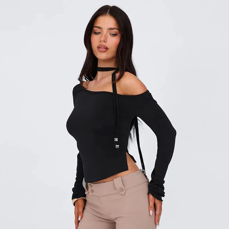 One Shoulder Long Sleeve Top Sexy Black T Shirts Trending 2025 Fall Clothes for Woman