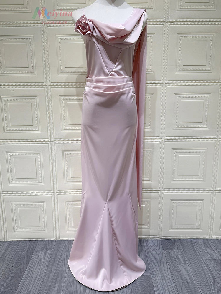 Satin Backless Sexy Maxi Dress Women Elegant One Spaghetti Strap Sleeveless Ruched Waist Club Party Mermaid Long Dress