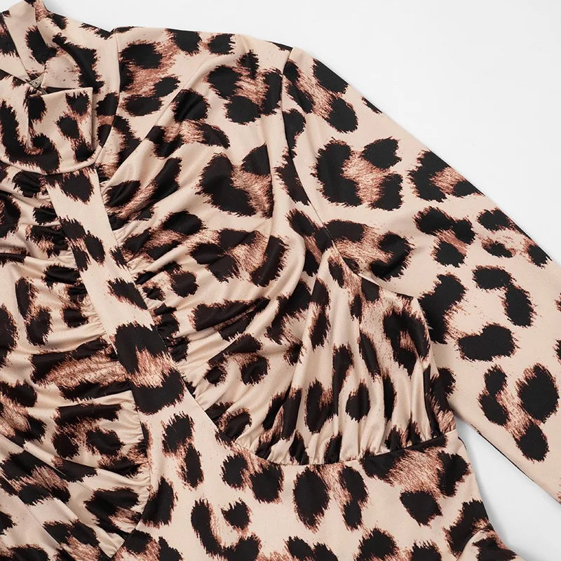 Leopard Print Long Sleeve Mini Dress Sexy Woman Clothes Turtleneck Hollow Backless Bodycon Dresses Clubwear