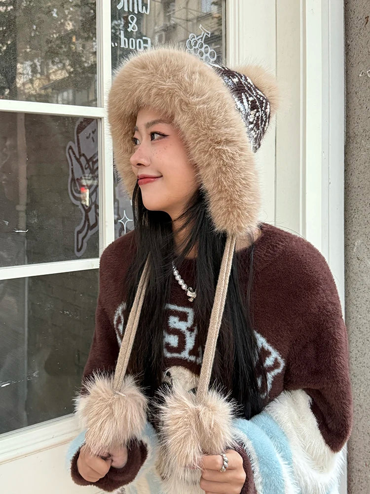 Cute Fair Isle Plush Lining Strap Pom Pom Knit Beanie For Women