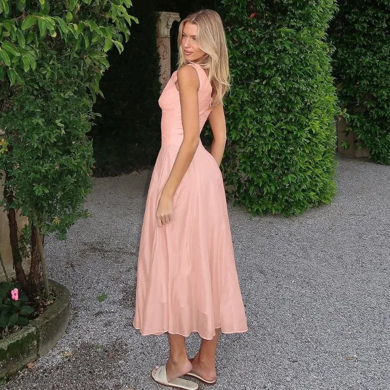 V-neck Sleeveless Long Dresses Chiffon Patchwork Pink French Style Elegant Dresses for Woman Clothing