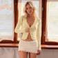 Lace Trim Yellow Ribbed Long Sleeve Tops V Neck Button-up Cardigan Woman Fall Fashion T Shirts