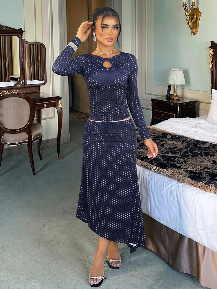 Casual Elegant 2 Piece Set Woman Polka Dot Print o-Neck Hollow Full Sleeve T-Shirts+Elastic Waist Long Skirts Suits