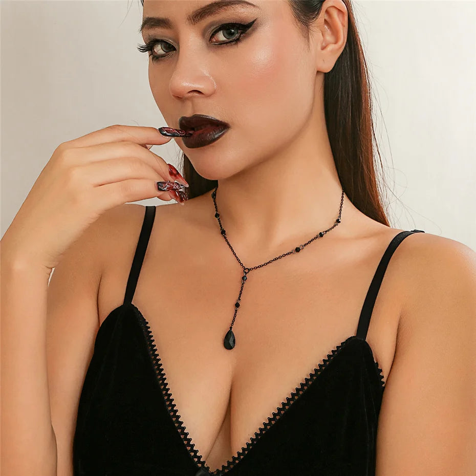 Goth Black Water Drop Crystal Chest Chain Necklace for Women Collares Vintage Sexy Link Choker Y2K Halloween Jewelry Accessories