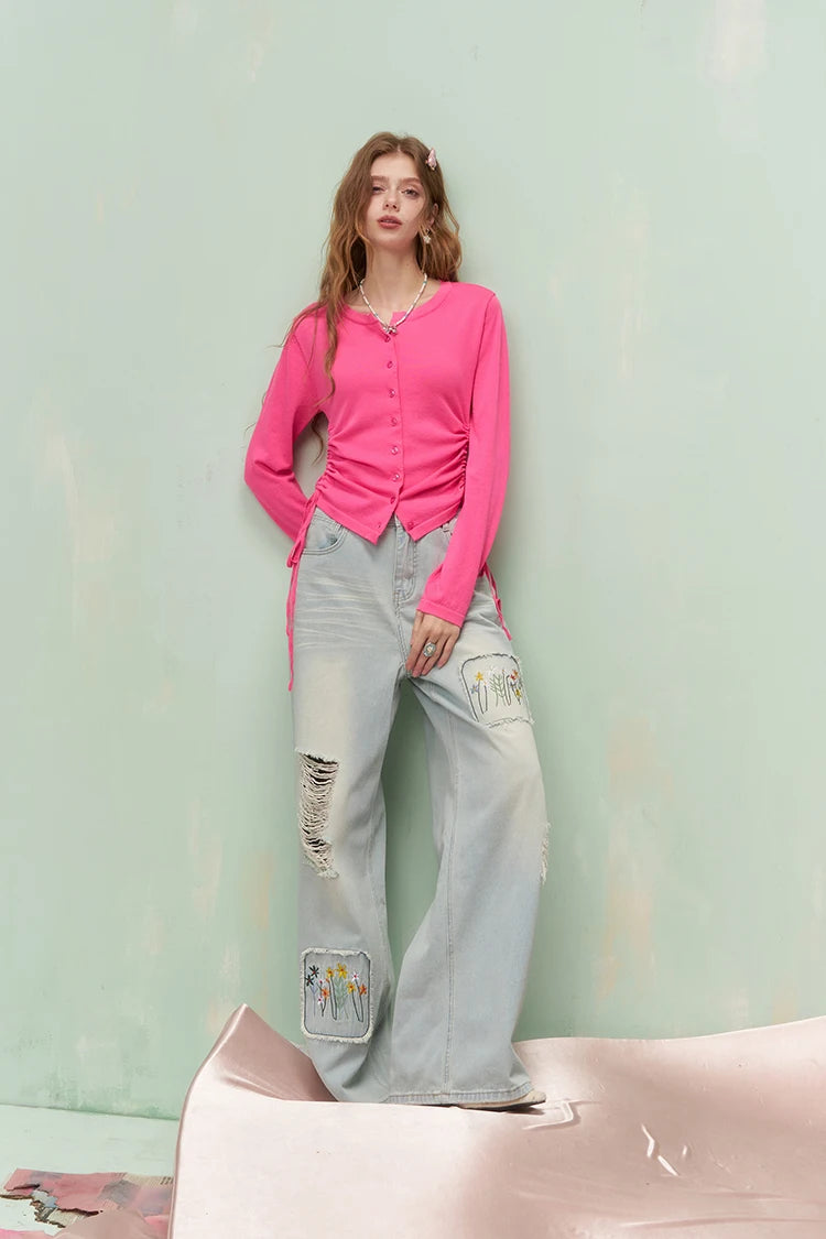 Fresh Girly Drawstring Waist Round Neck Fitted Knit Cardigan For Women