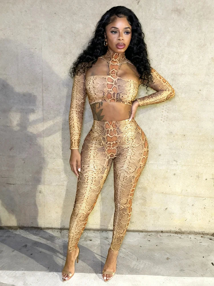 Hipster Snake Print 2-Piece Set Women Hollow Backless Chest Wrapped Crop Top+Leggings Sexy Stretch Clubwear Outfits