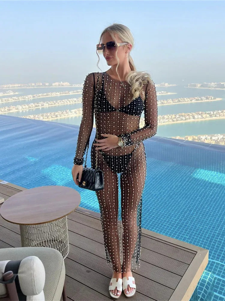 Women's Beach Bikini Cover Up Bathing Suit Fish Net Pearl Rhinestone Mesh See Through Swimsuit Beachwear Dresses