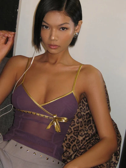 Patchwork Mesh Camisole Women Sexy Bow Gold Edging Low-Neck Summer Trend Street Midnight Club Y2K Wild Basic Tank Top