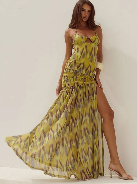 Bead Decoration Art Print Maxi Dress Women Halter Low-Neck Hollow High Slit Folds Sleeveless Backless Summer Vestidos
