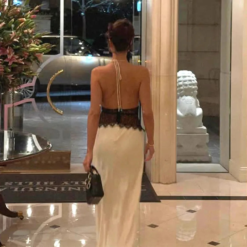Elegant Lace Trim Satin White Maxi Dress Deep V Backless Long Gown Dresses for Ladies Sexy Birthday Outfits