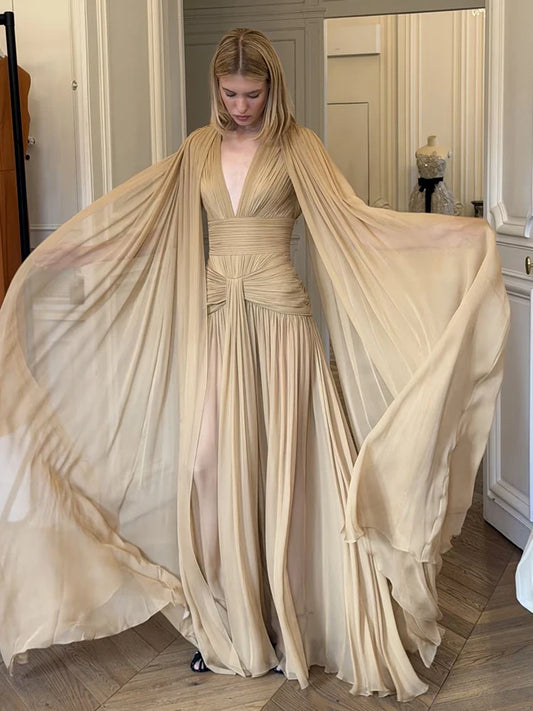 Elegant Maxi Dress Women Folds Mesh Cloak See Through Hem v-Neck Tassel Wedding Party Summer Chic Fashion Vestidos