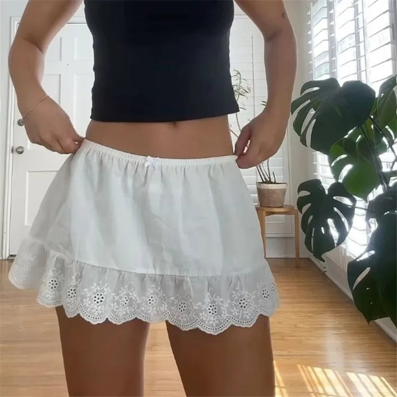 Women Y2k Lace Trim Mini Skirt Floral Eyelet Embroidery Half Slip Underskirts Cute Low Rise Summer Skater Skirt