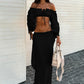 Chic Tassel 2-Piece Set Women Slash Neck Shirring Long Sleeve Bandage Crop Tops+Ribbon Skirts Vacation Birthday Suit