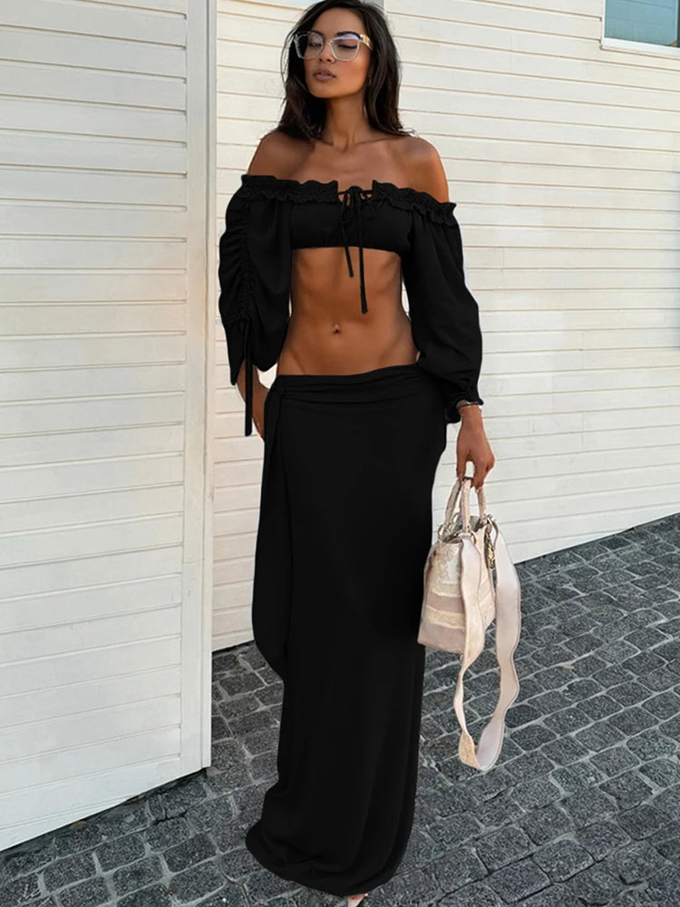 Chic Tassel 2-Piece Set Women Slash Neck Shirring Long Sleeve Bandage Crop Tops+Ribbon Skirts Vacation Birthday Suit