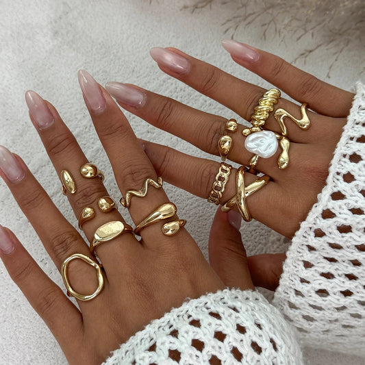 12Pcs/Set Vintage Metal Water Drop Open Ring for Women Trend 2025 Creative Geometric Ring Engagement Daily Jewelry Gift
