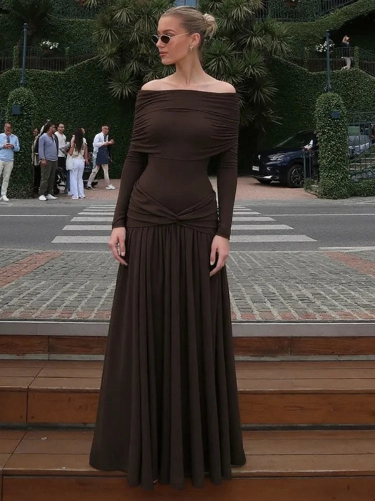 Off Shoulder Long Sleeve Pleated Dresses Women' S Clothes Solid Color French Elegant Maxi Dress Autumn 2025