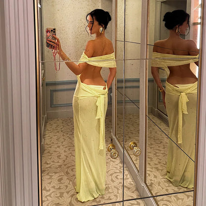 Sexy See Through Mesh Vacation Dresses Yellow Off Shoulder Backless Long Maxi Dress 2026 Fashion Trends Woman