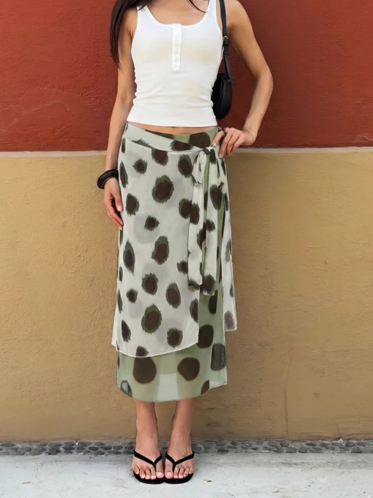 Dots Mesh Patchwork Long Skirts Woman Summer Trend Elastic Waist Wrap Hip High Street Ruched Elegant Style Bottoms