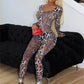 Leopard Print Jumpsuit Women Sexy See Through Low-Neck Hollow Full Sleeve Backless Midnight Trend Club Party Overalls