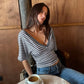 Striped Casual Tshirt Woman Clothes Fashion Deep V-Neck Batwing Sleeve Crop Tops Summer 2026