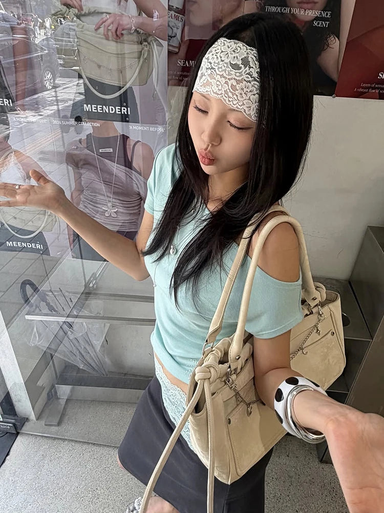 Chic 2-Piece Set Women Slanted Shoulders Rhinestone Decoration t-Shirt+Patchwork Lace Skirt Daily Fashion Leisure Suit