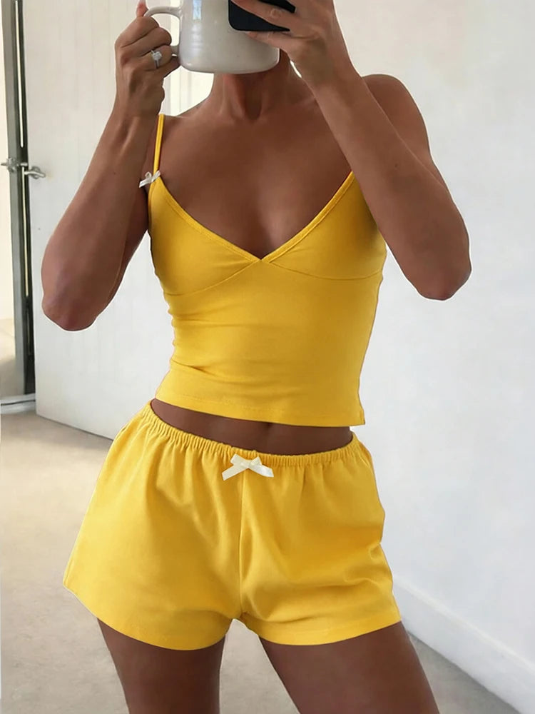Sporty Streetwear Women Trend Simple 2-Piece Set Trend Fashion Bow Appliques Low Chest Camisole+Shorts Hottie Suits