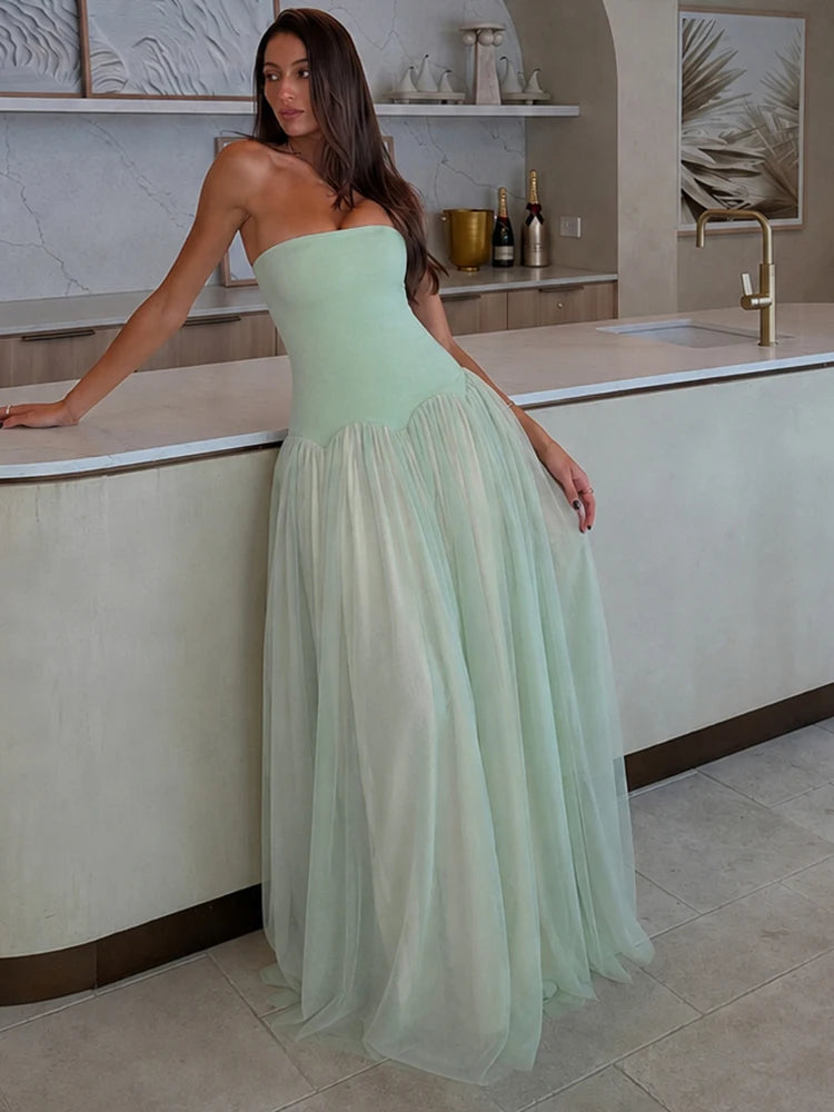 Mesh Patchwork Gown Dress Woman Sexy Wrap Chest Backless Shape Waist Robe Midnight Prom Party Ruched Elegant Vestidos