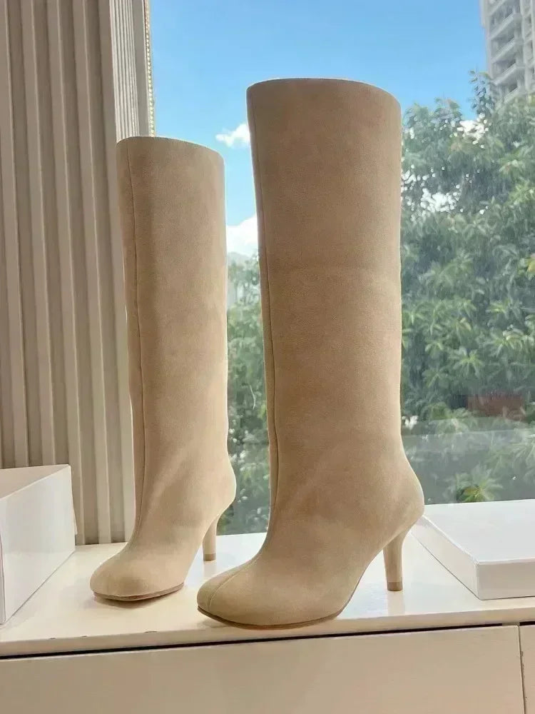 Autumn and Winter New 6cm Slim High Heels Knee High Women's Boots Round Toe Fashionable Women's Long Boots Knight Boots