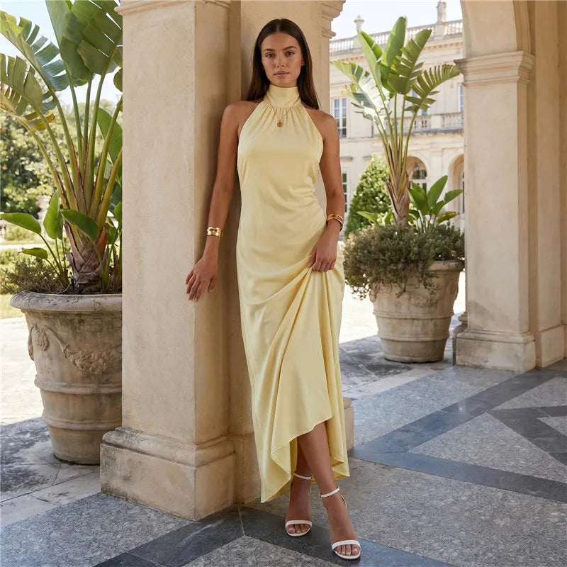 Women Satin Halter Maxi Dress Backless Long Tie Back Elegant Black Mermaid Formal Gown Wedding Guest Party Dress