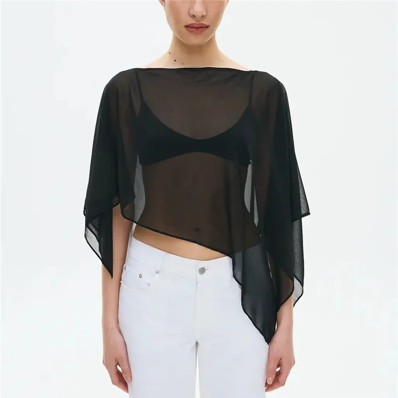 Summer Holiday Beach Cover Ups Women Chiffon Cape Shawls Warps for Evening Wedding Sheer Mesh Flowy Capelets Top