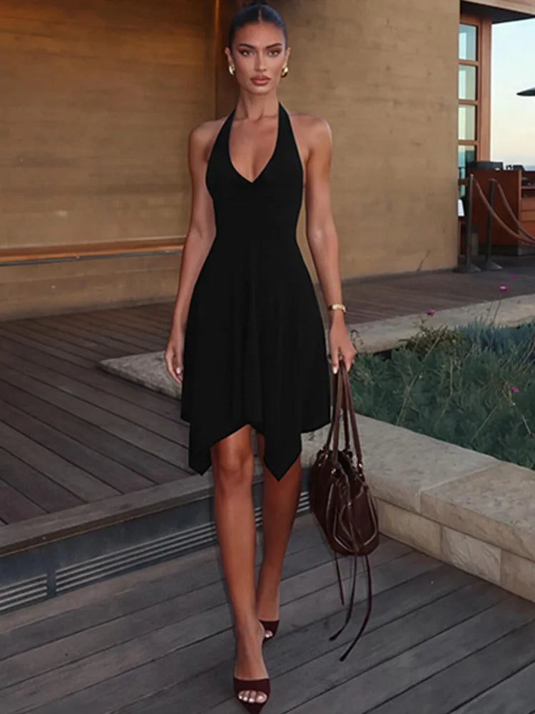 Women Halter V‑Neck Mini Dress Sleeveless Twist Front Irregular Hem A‑Line Short Dress Y2K Club Party Evening Dresses