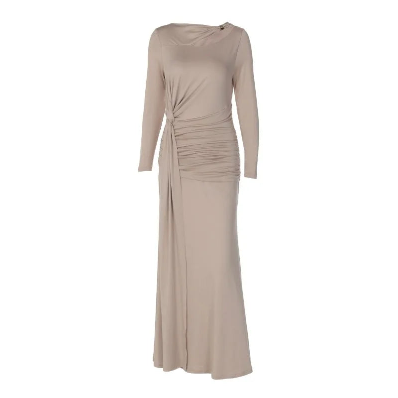 Long Sleeve Hollow Pleated Maxi Dress Elegant Evening Gown Dresses Woman Fall Winter Clothes