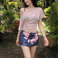 Vacation 2-Piece Set Women Skew Collar Simple See Through t-Shirt+Art Flower Print Mini Skirt Sweet Fashion Suits