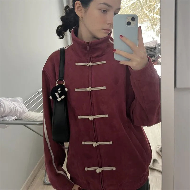 Ladies Stand Collar Zip Up Outerwear Chinese Frog Buttons Side Striped Oversized Loose Suede Jacket Vintage Streetwear