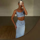 Blue Satin Co Ords Sets Elegant Party Outfits for Woman Summer 2026 Sexy 2 Piece Ruched Top Maxi Skirt Set
