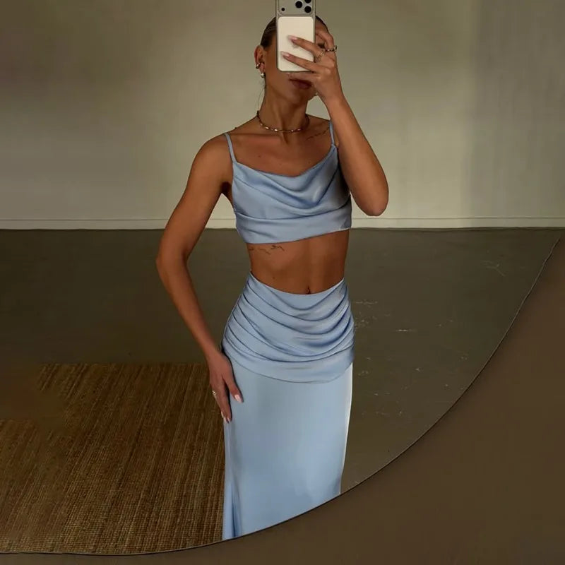 Blue Satin Co Ords Sets Elegant Party Outfits for Woman Summer 2026 Sexy 2 Piece Ruched Top Maxi Skirt Set