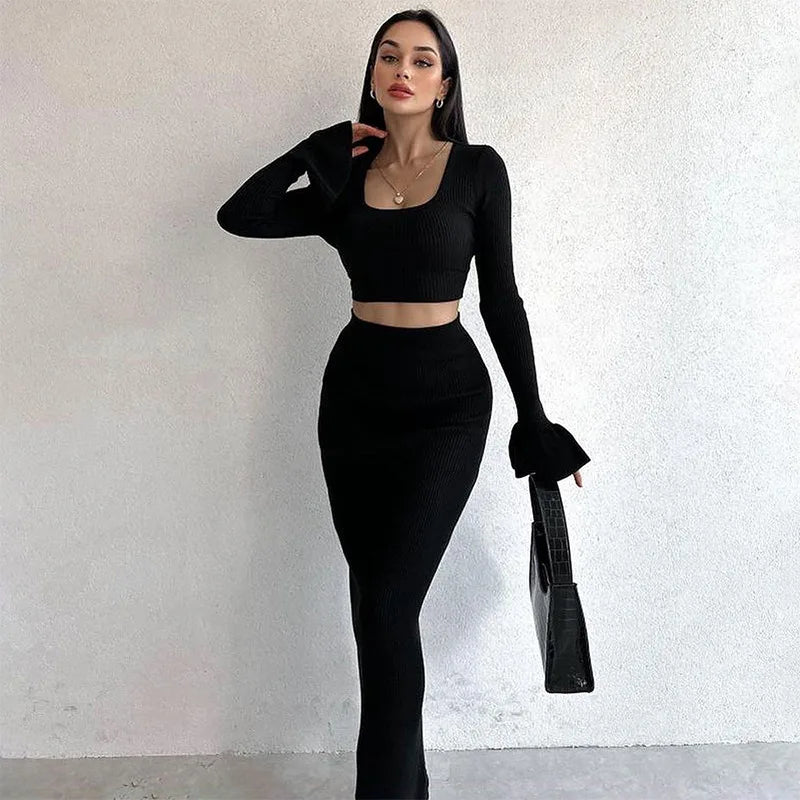 Elegant Fashion Black Ribbed Knit 2pc Sets for Women Fall Clothing 2023 Flare Sleeve Crop Top Long Skirt Sets
