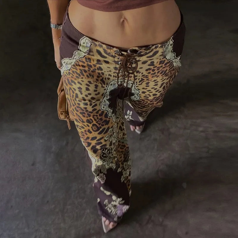 Leopard Floral Print Lace Up Wide Leg Pants Fashion Clothing Trousers for Woman 2026 C78-DZ32