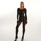 See Through Seamless Striped Jacquard One Piece Long Sleeve Jumpsuit Sexy All Black Outfits for Woman Baddie