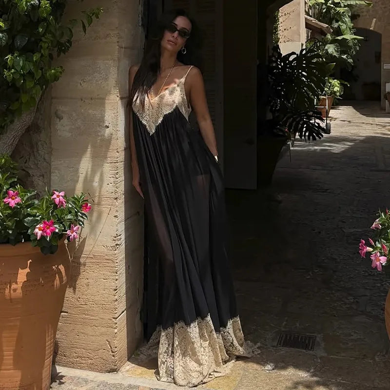Flowing Black Tulle Maxi Dress Lace Trim Deep V Neck and Hem See Through Mesh Backless Dresses Resort Wear