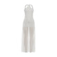 High Split Simple Dresses Women Sexy Halter Ruched Trend Backless Sleeveless Pleated Elegant Party Street Bodycon
