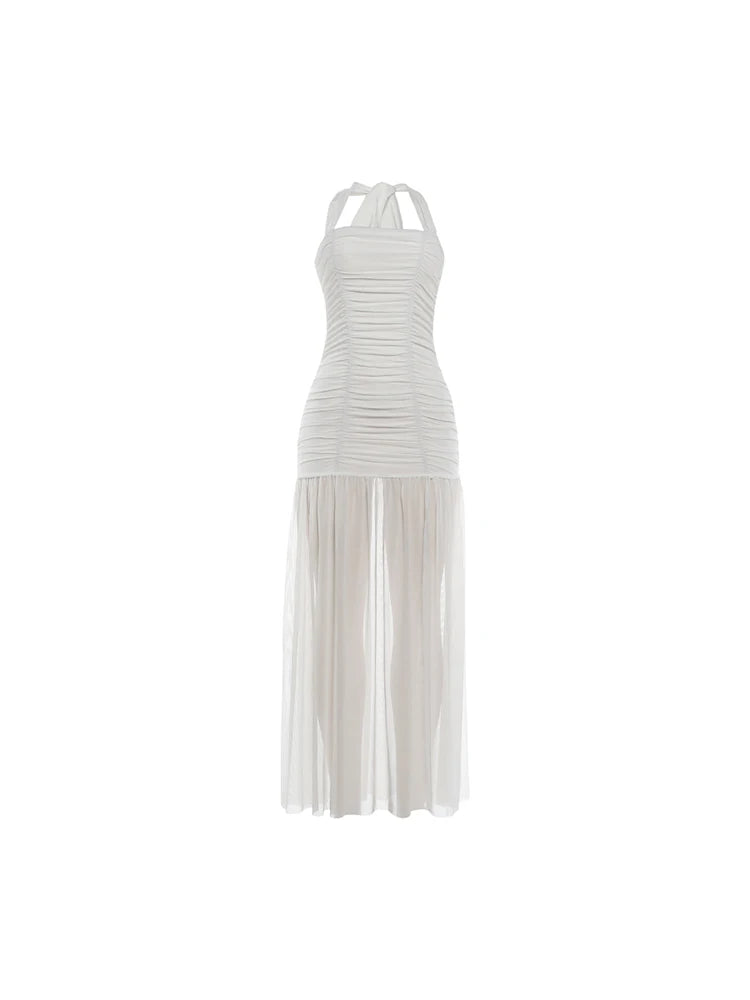 High Split Simple Dresses Women Sexy Halter Ruched Trend Backless Sleeveless Pleated Elegant Party Street Bodycon