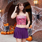 Women 2 Piece Halloween Cosplay Outfit Zebra Sequin Tube Top Crop Top Purple Pleated Mini Skirt Set Club Party Costume