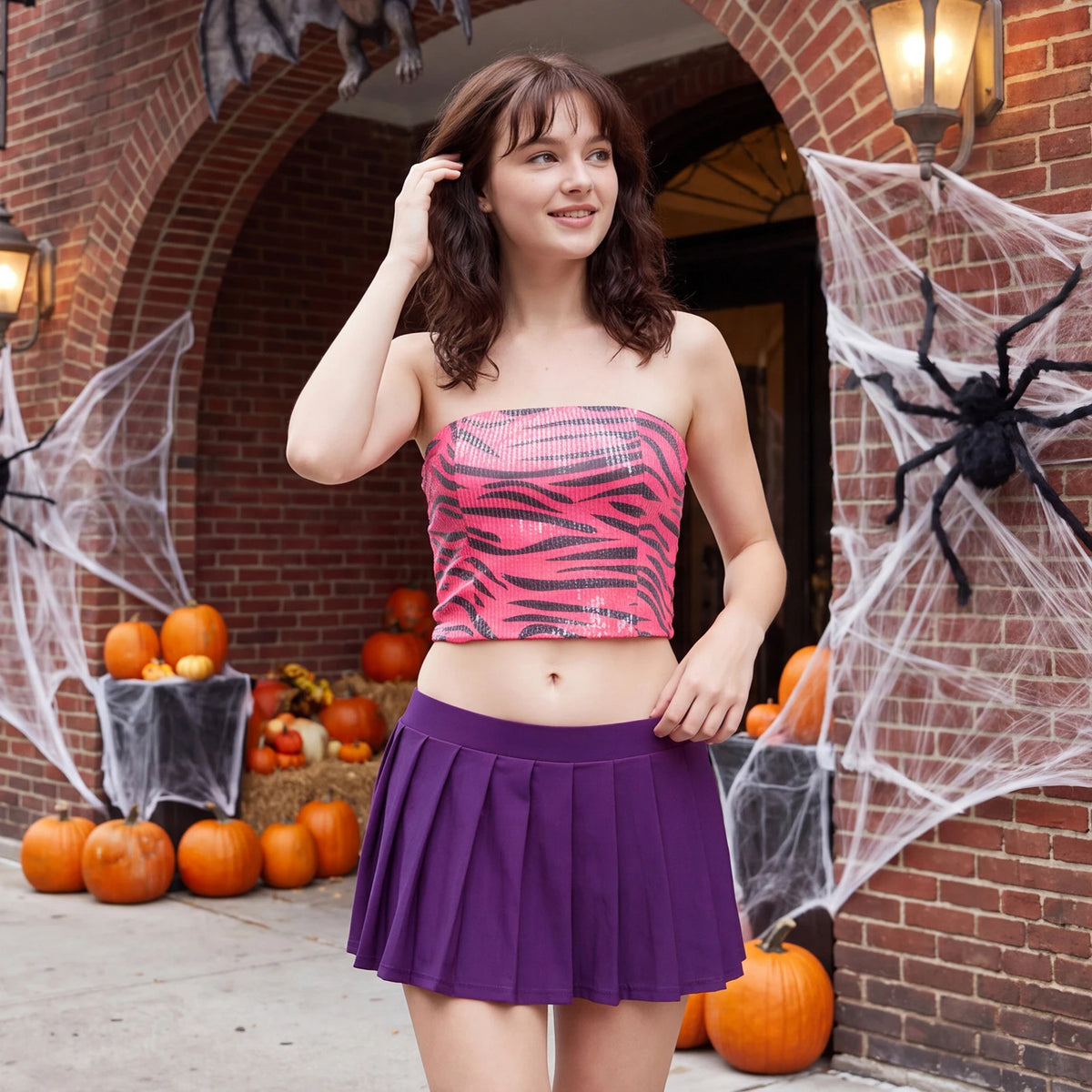 Women 2 Piece Halloween Cosplay Outfit Zebra Sequin Tube Top Crop Top Purple Pleated Mini Skirt Set Club Party Costume