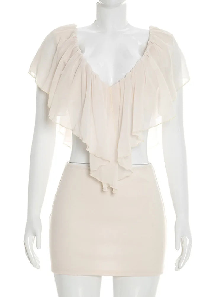 Ruffled Sexy Two Piece Set Women V Neck Sleeveless Tank Top Mini Skirt Matching Sets Female Club Party Dress Sets