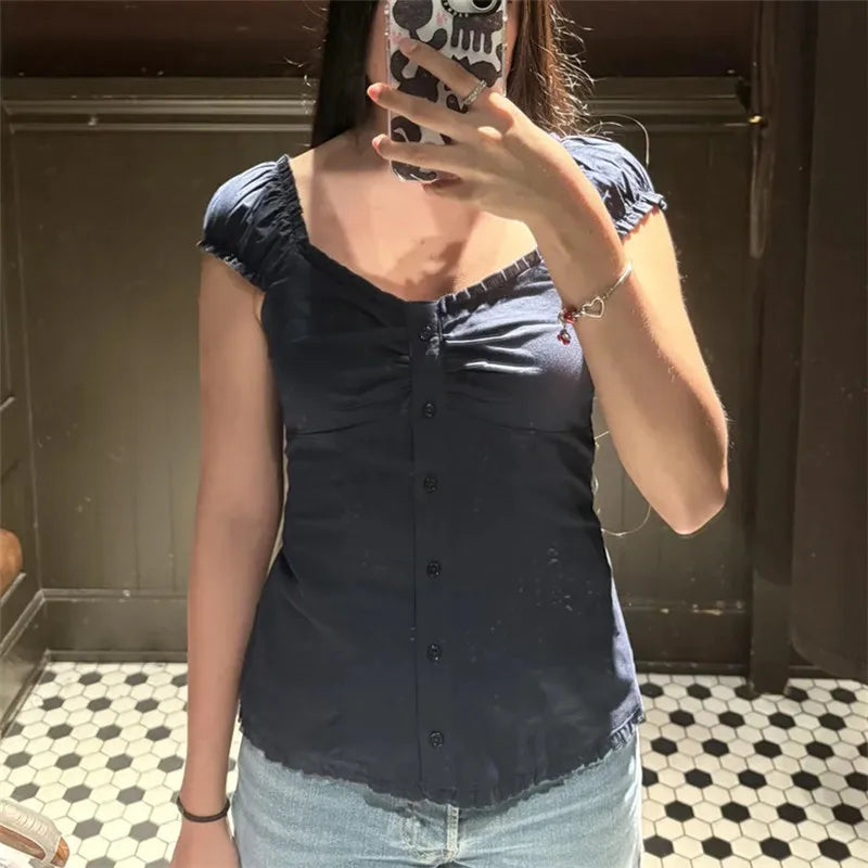 Women Fairy Grunge Crop Top Vintage Lace Short Sleeve Shirt Aesthetic Patchwork Square Neck T-Shirt 90s Harajuku Shirt