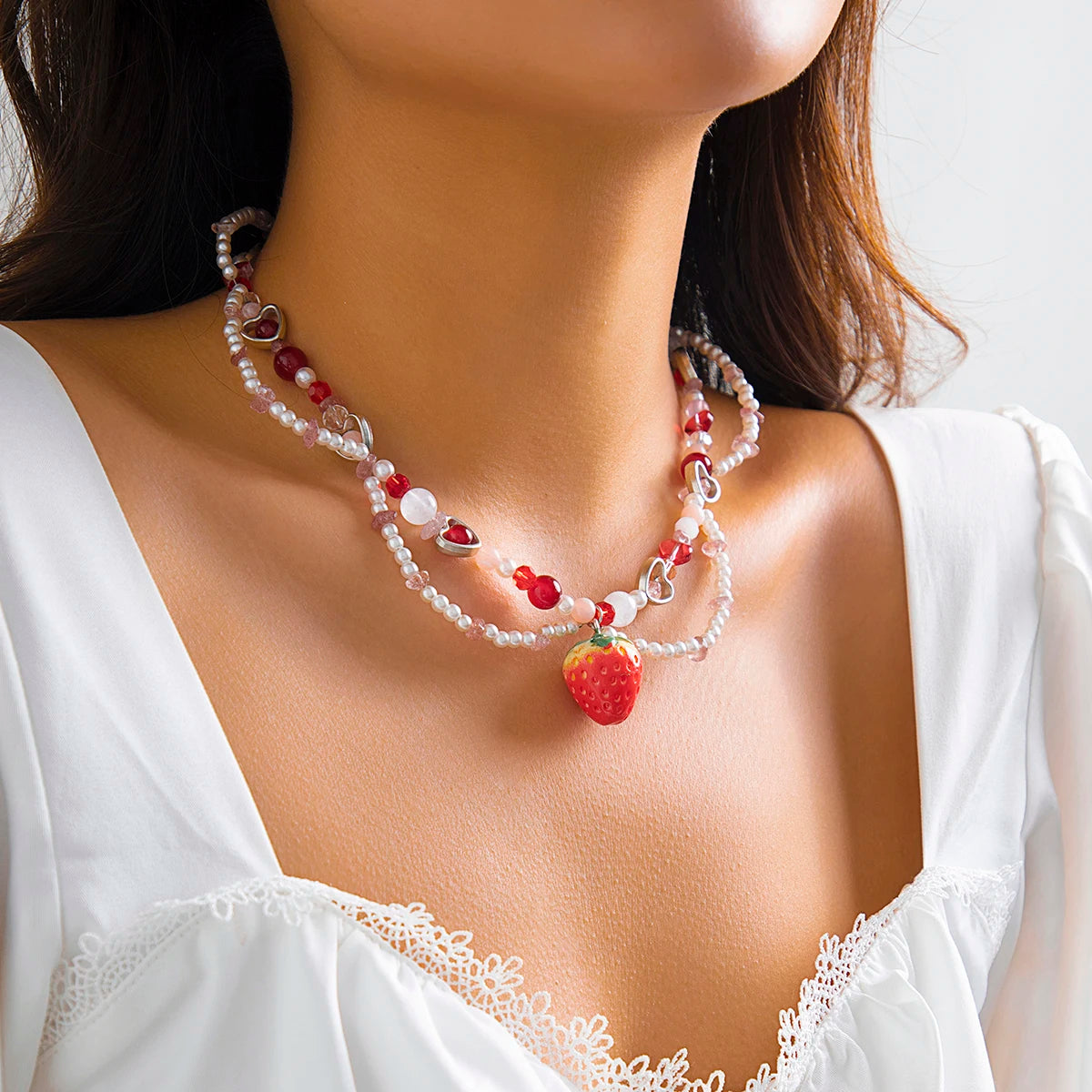 Kpop Sweet Imitation-Pearl Chain Strawberry Pendant Necklace for Women Wed Bridal Love Heart Choker Aesthetic Jewelry